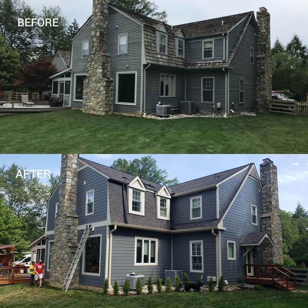 Before and after image of new vinyl siding in Gaithersburg